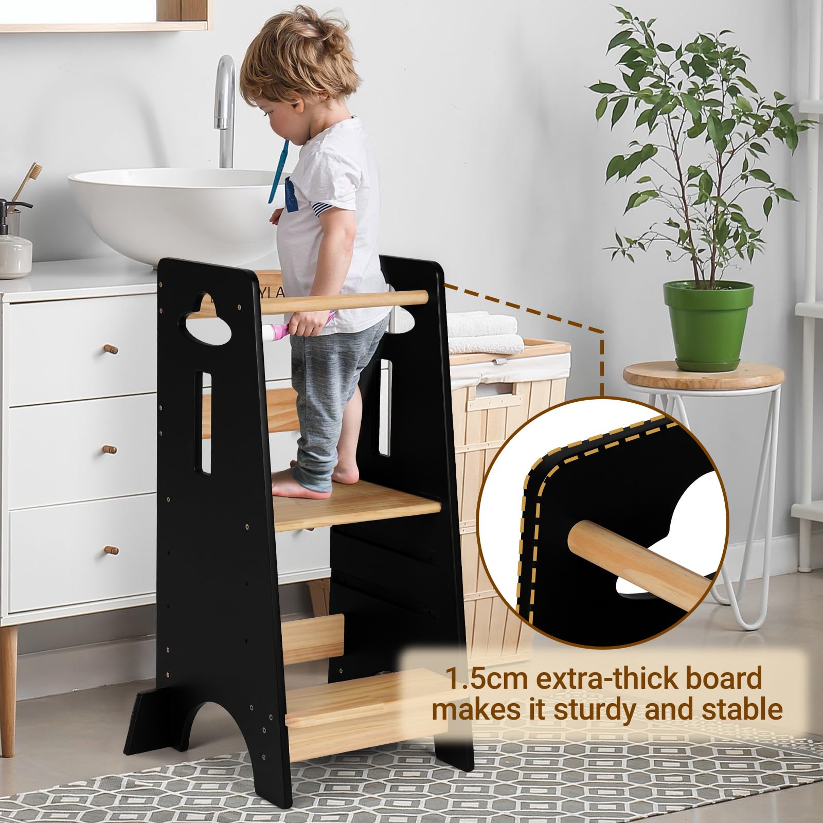 COSYLAND Höhenverstellbarer Kleinkind-Stehturm – super Stabiler Kleinkind-Küchenhocker, Helfer – 3 Ebenen, Holz-Kinder-Lernhocker für Küche, Toliet (schwarz und natürlich, groß)