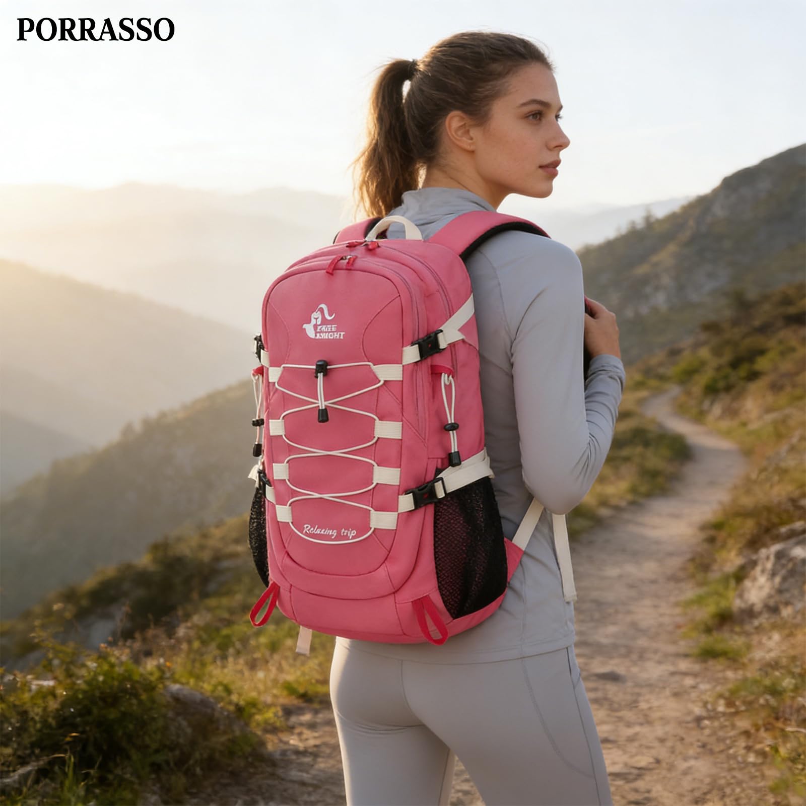 Zaino da Escursionismo Outdoor 40L Zaino di Giorno da Campeggio Impermeabile Grande Zaini Backpack in Nylon per Donne Uomini Viaggio Trekking Arrampicata Rosa Rossa