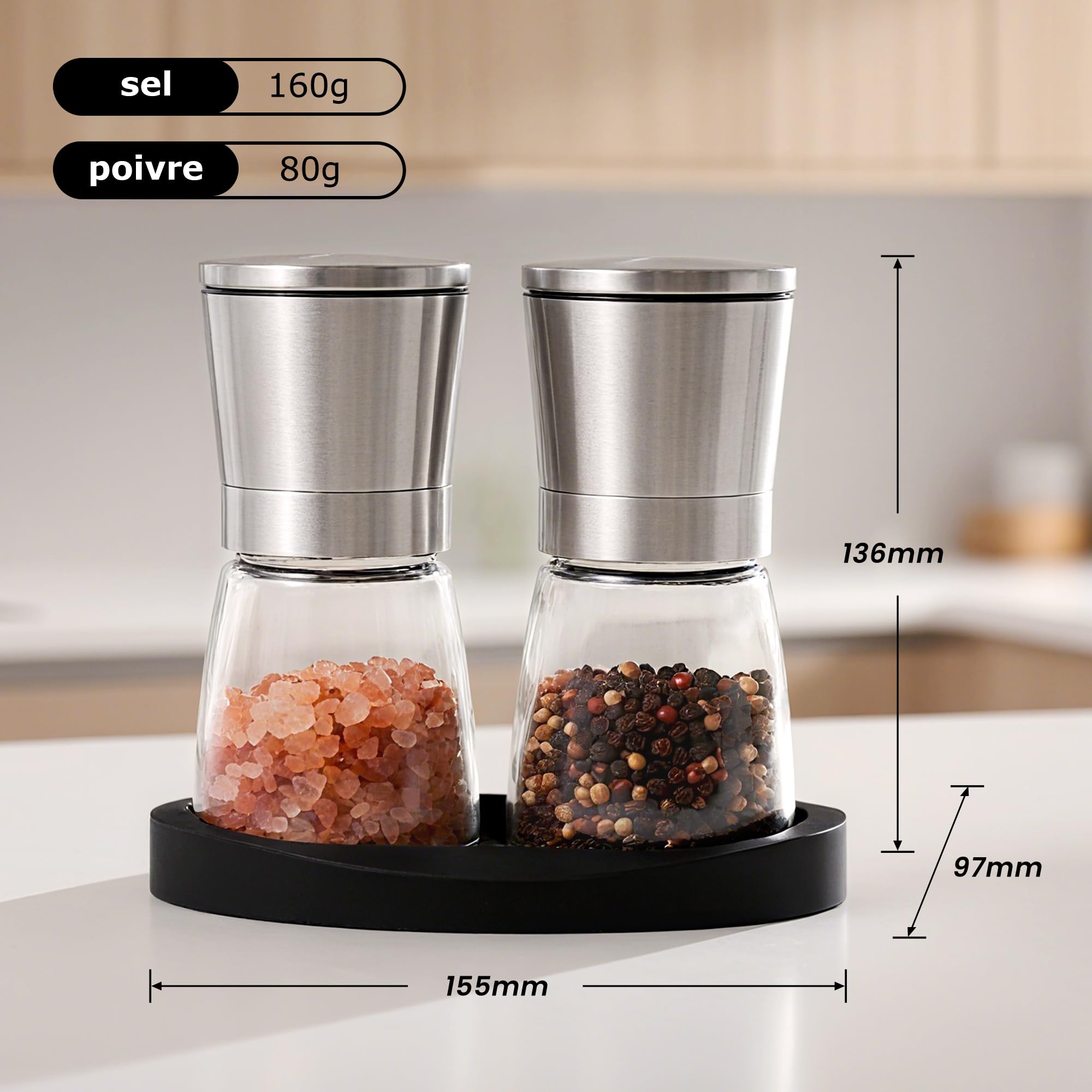 Vevouk Ensemble de moulins à sel et à poivre, en céramique, réglable, en acier inoxydable, avec support en caoutchouc pour moudre le poivre, la cuisine [Classe énergétique A++]