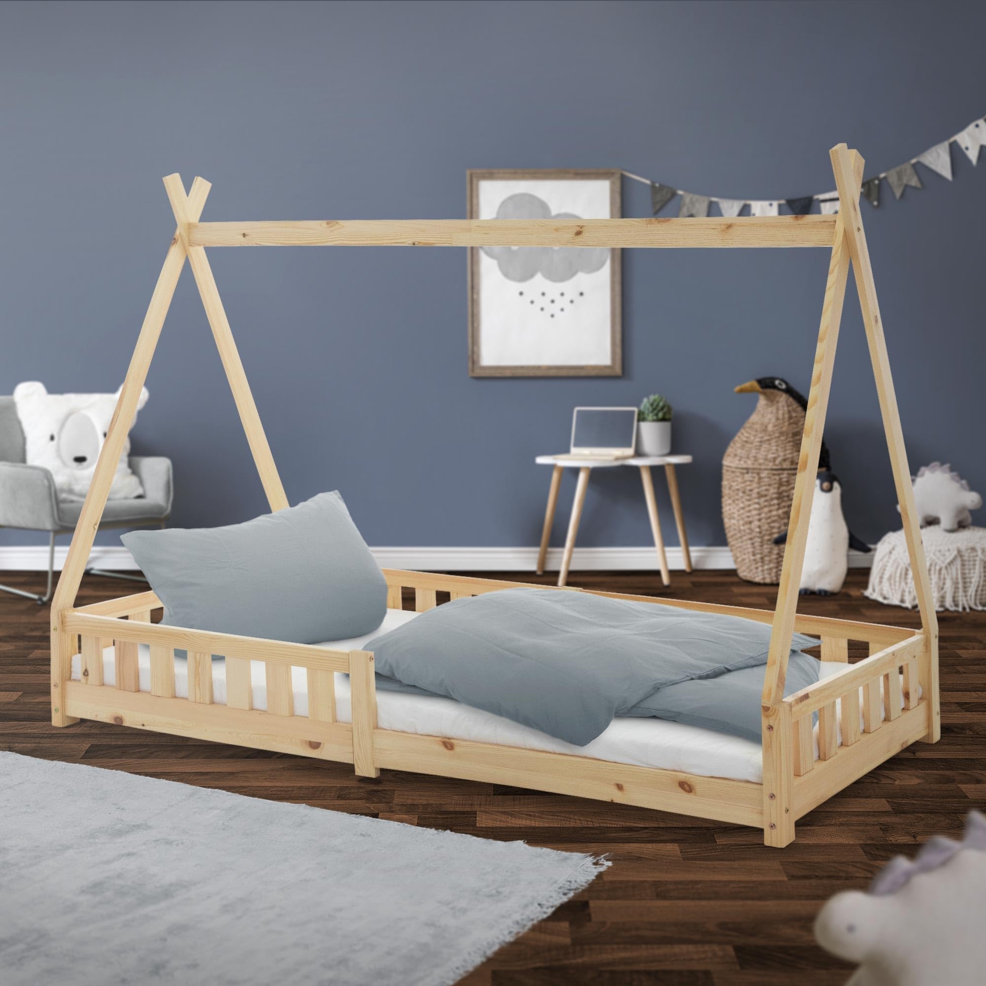 ML-Design Lit d'enfants Tipi 90x200 cm Naturel avec Protection Antichutes et Sommier à Lattes, Bois de Pin, Style Indien pour Filles/Garçons, d'Intérieur avec Clôture, Maison d'enfant Tente de Jeu