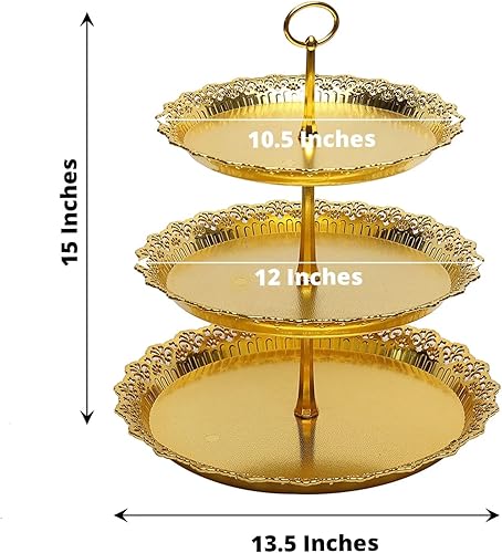 Vista 2 de Soporte de plástico de 3 niveles dorado metálico de 15 pulgadas para cupcakes, torre redonda de exhibición de postres con corte de encaje