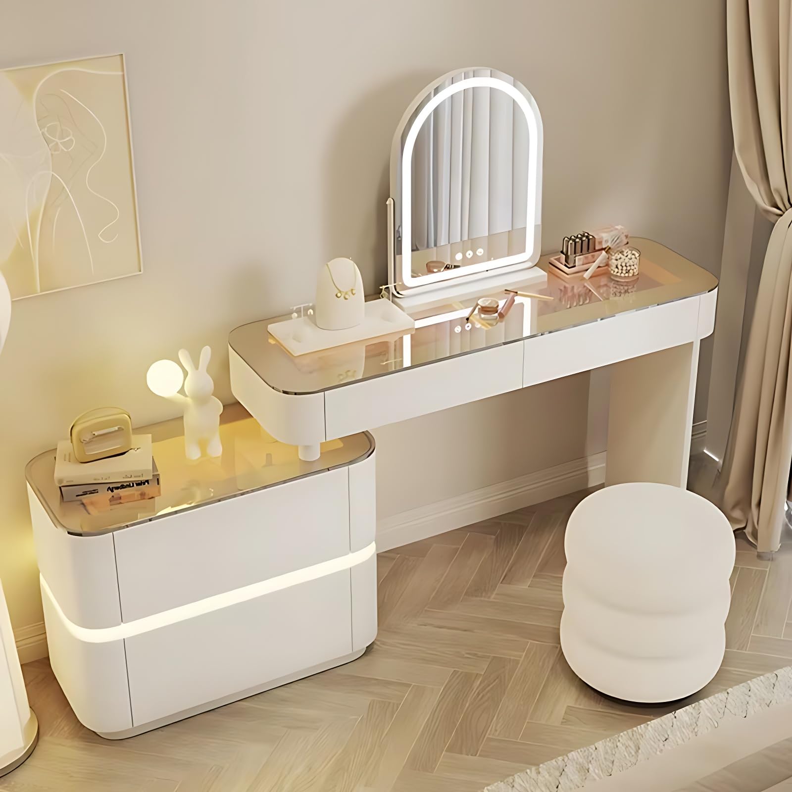 ZGNBSD Modern Vanity Table with Drawers - Luxury Vanity Set with LED Smart Makeup Mirror & Stool | Solid Wood Bedroom Vanity Table | Fashionable
