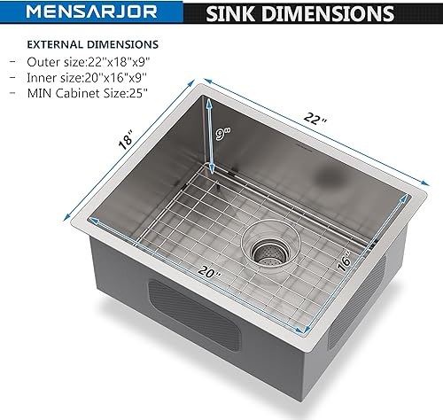 Miniatura 3 de MENSARJOR - Fregadero de cocina de acero inoxidable de calibre 16, para fregadero de cocina, bar o fregadero de preparación, 32'' x 19''