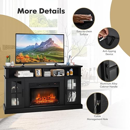 Miniatura 8 de COSTWAY Soporte eléctrico para TV con chimenea para televisores de hasta 65 pulgadas, calentador de 1400 W con control remoto, temporizador de 6
