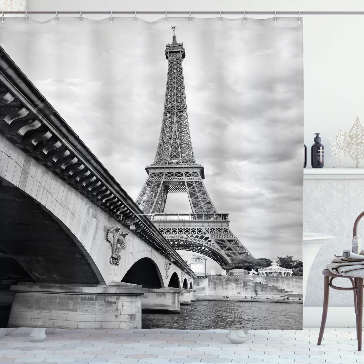 Ambesonne Eiffel Tower Shower Curtain, Eiffel Tower Cloudy Sky View from Seine River Under Bridge Monochromic Art, Cloth Fabric Bathroom Decor Set with Hooks, 69" W x 84" L, Black White