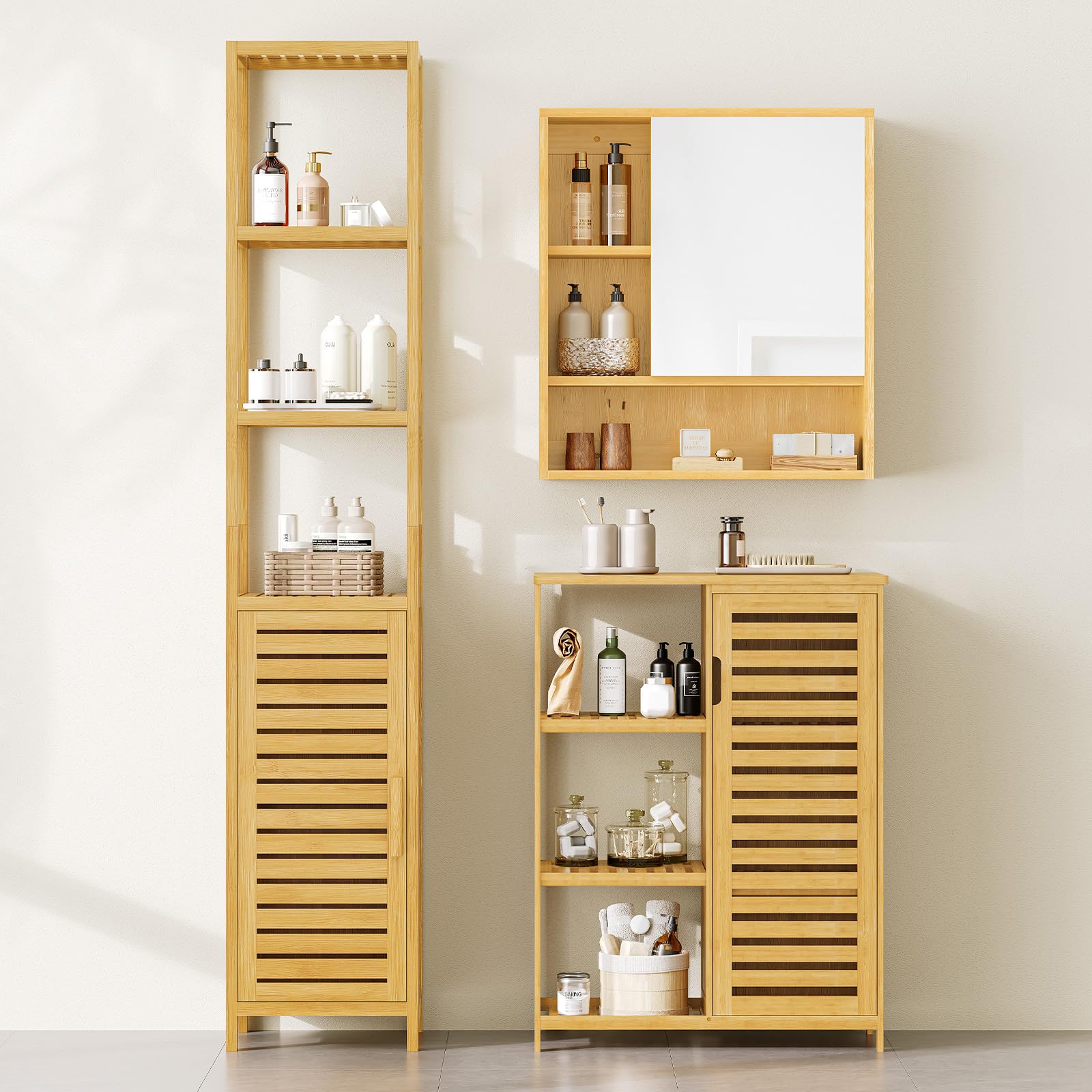 VIAGDO Hochschrank, Badezimmerschrank Bambus, Badschrank hoch mit 3 offene Fächern und Schrank, hoher Beistellschrank, Aufbewahrungsschrank, für Badezimmer, Flur, Küche, Wohnzimmer