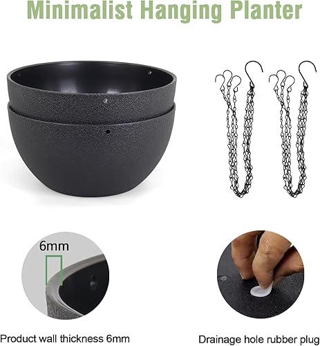 Miniatura 4 de Macetas colgantes de 10 pulgadas para plantas de interior y exterior, paquete de 2 macetas colgantes con agujeros de drenaje y cadena para porche de