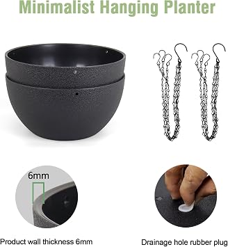 Meowell 8 inch Small Hanging Planters Plant Pots for Indoor Outdoor Plants, 2 Pack Hanging Flower Pots with Drainage Holes and Chain for Garden Porch, Plastic Hanging Baskets for House Plants, Black