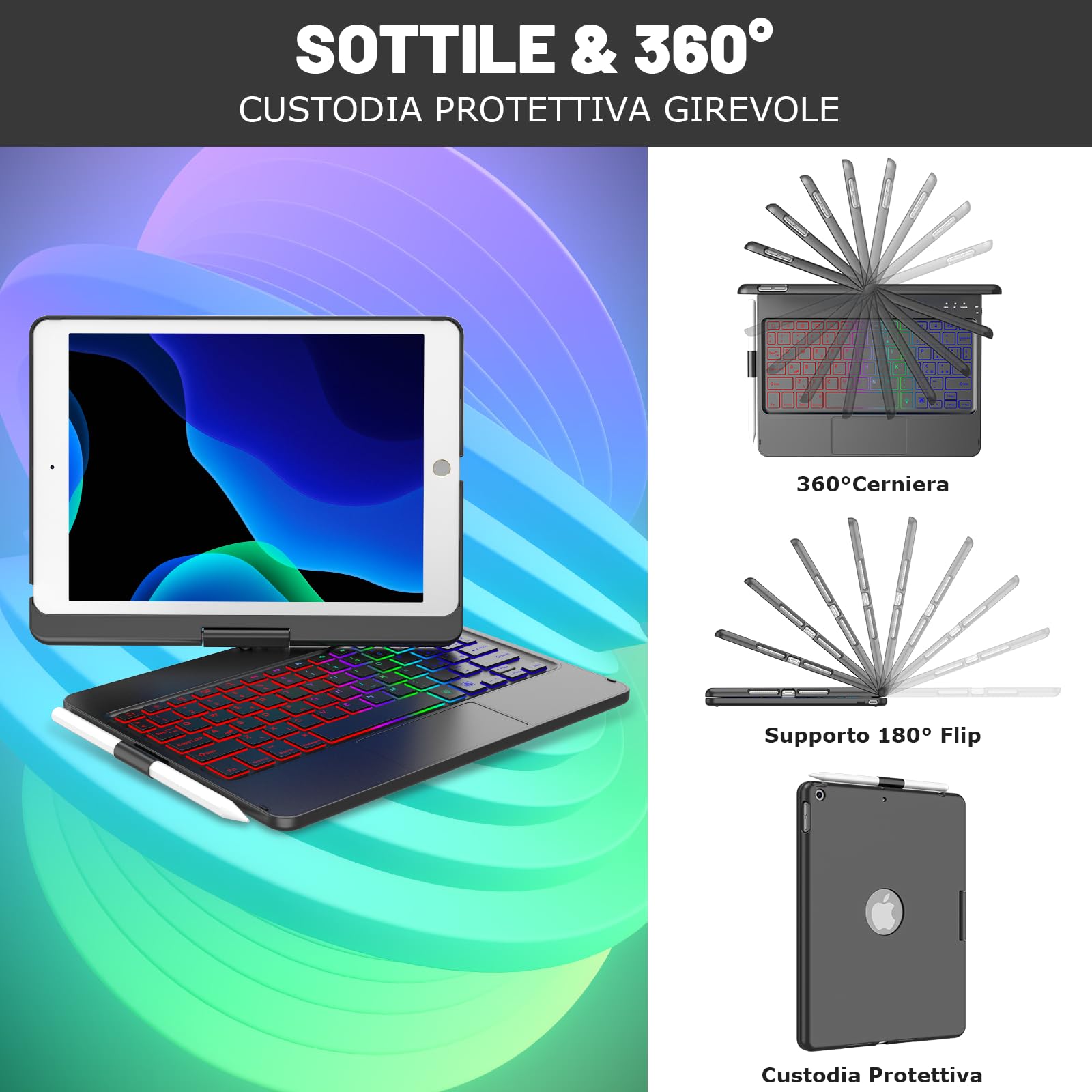 Custodia con Tastiera Touchpad per iPad 9a Gen 10.2" 2021,Tasti Multi-Touch e Retroilluminati,Ruotabile a 360° e Supporto per Matita,Custodia con Tastiera Trackpad per iPad 10.2 iPad 9a/8a/7a