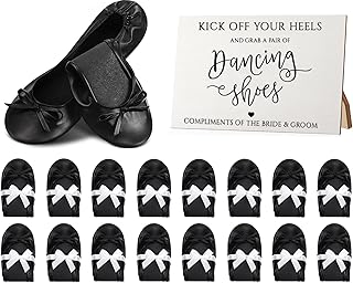 Jecery 24 Pairs Bridal Shower Supplies Wedding Foldable Ballet Flat Set Ballerina Shoes Party Sign Portable Roll up Travel Slippers Wedding Dancing Shoes for Guest Bridesmaid