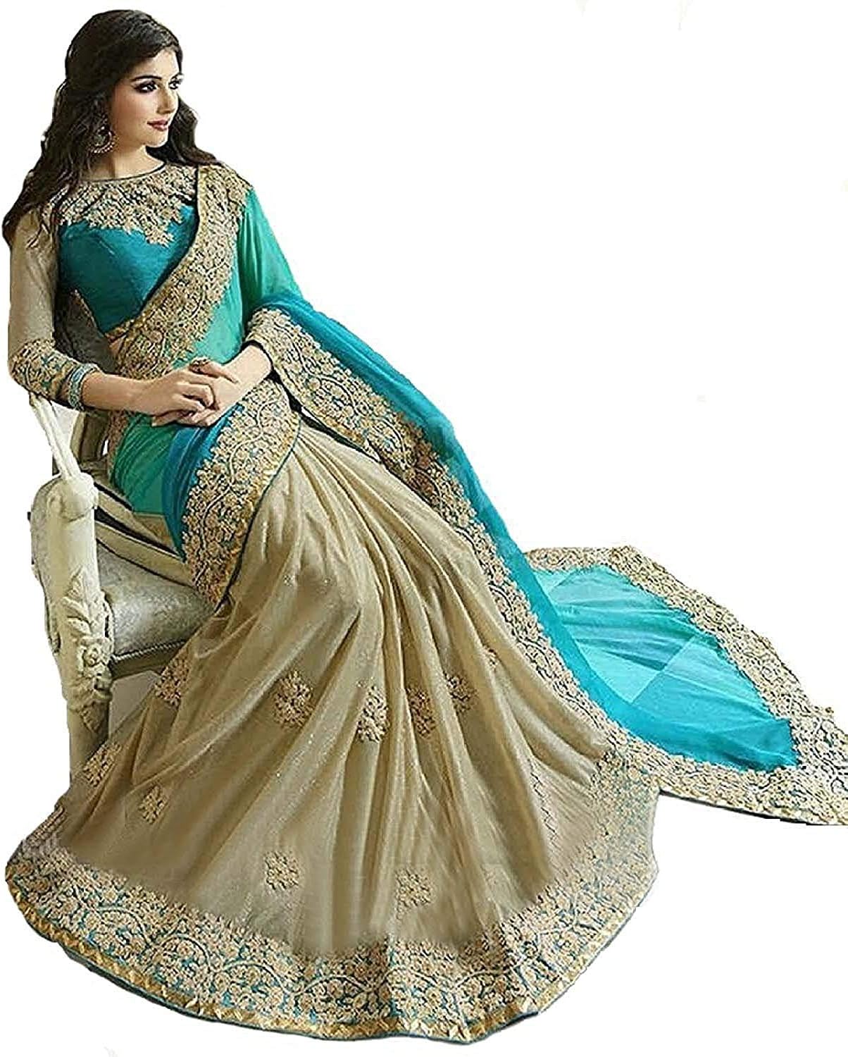 Flosive Women's Lycra Saree With Blouse Piece (gamre sargam star ee_Beige)