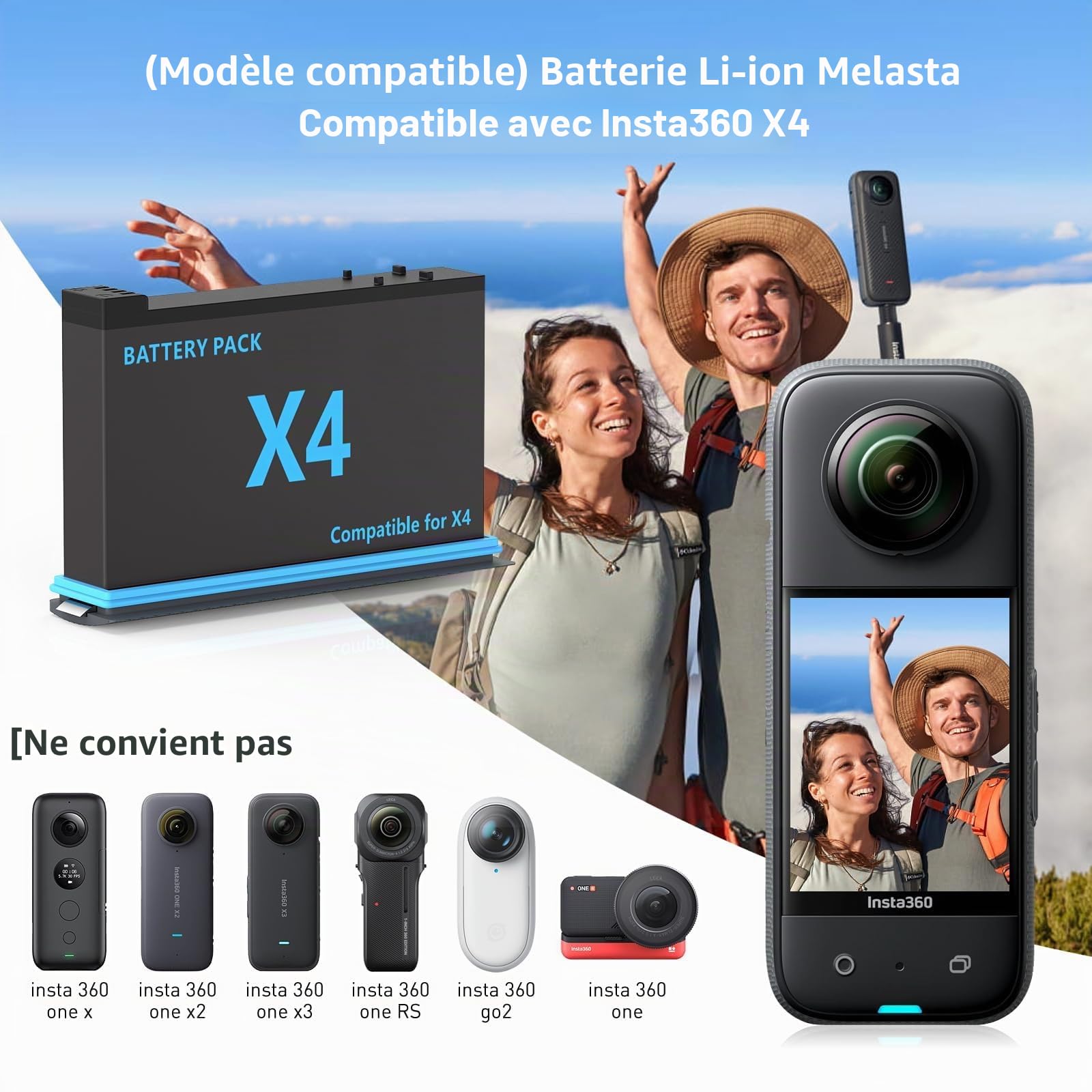 melasta per Insta360 X4 Batteria al Litio Ricaricabile, 3,85V 2500mAh Batteria x4 e Caricatore Con 2 Batterie e 1 Caricatore (Con Slot per Schede)