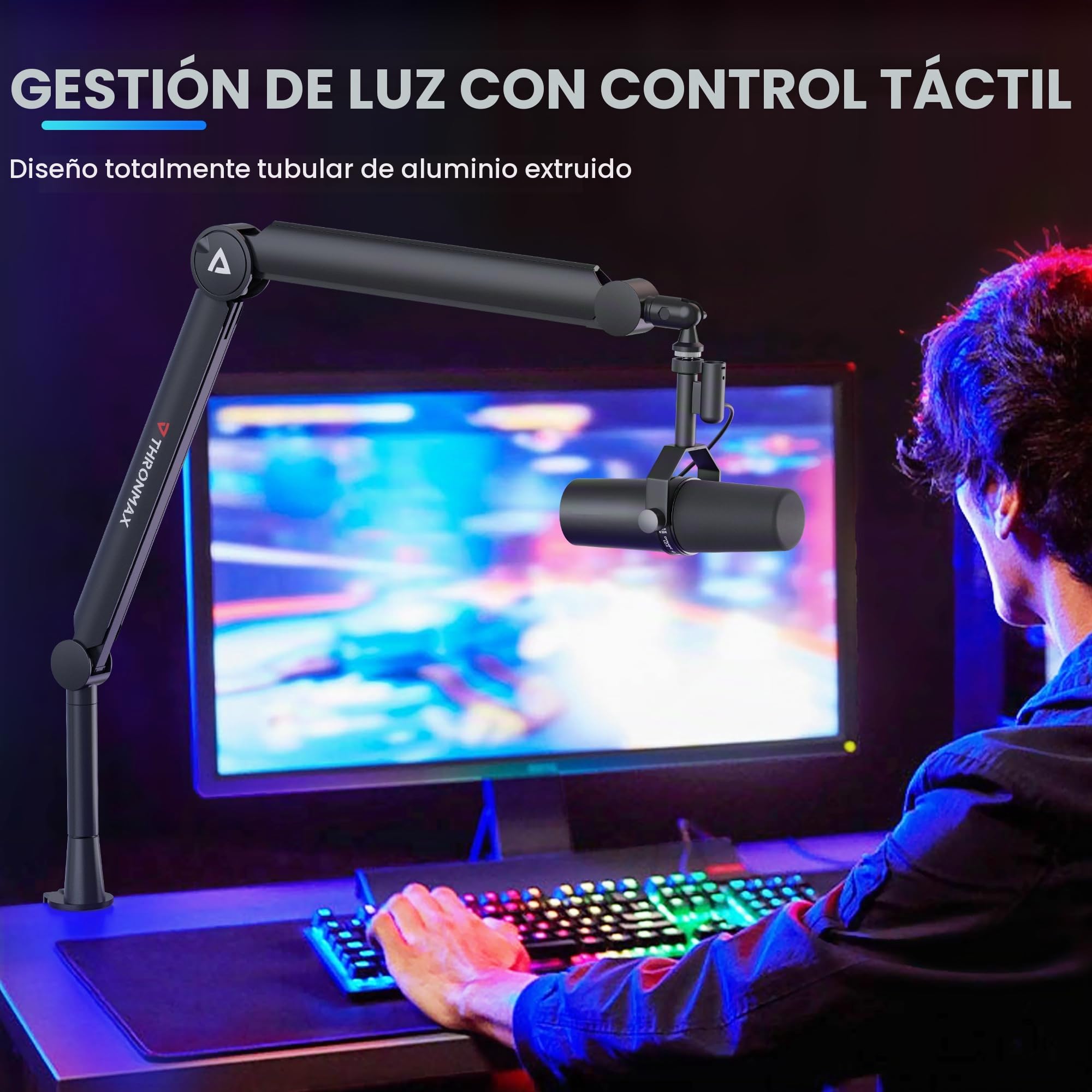 THRONMAX Twin-S8 Brazo de micrófono, Soporte de micrófono de tijera ajustable 360° con cable metálico robusto integrado para Blue Yeti, Elgato, Brazo boom Universal 1/4"，3/8" a 5/8" (Negro)