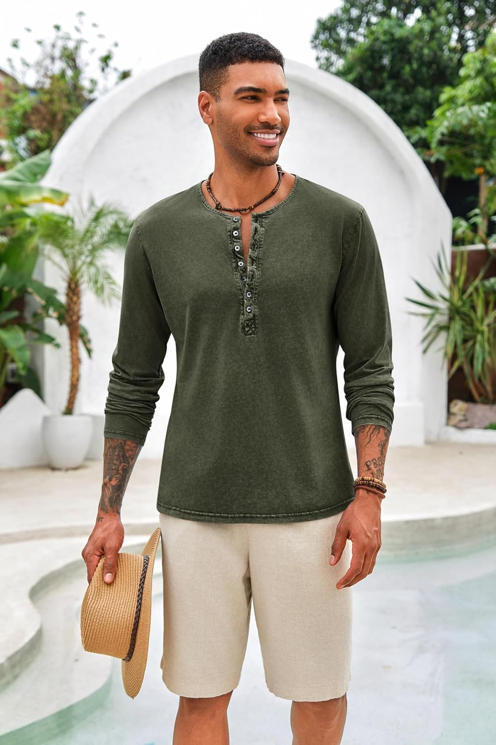 Beotyshow Mens Distressed Henley Shirts Front Placket Retro Long Sleeve Tee Shirts Casual Button Down Washed T-Shirts for Men - Image 2