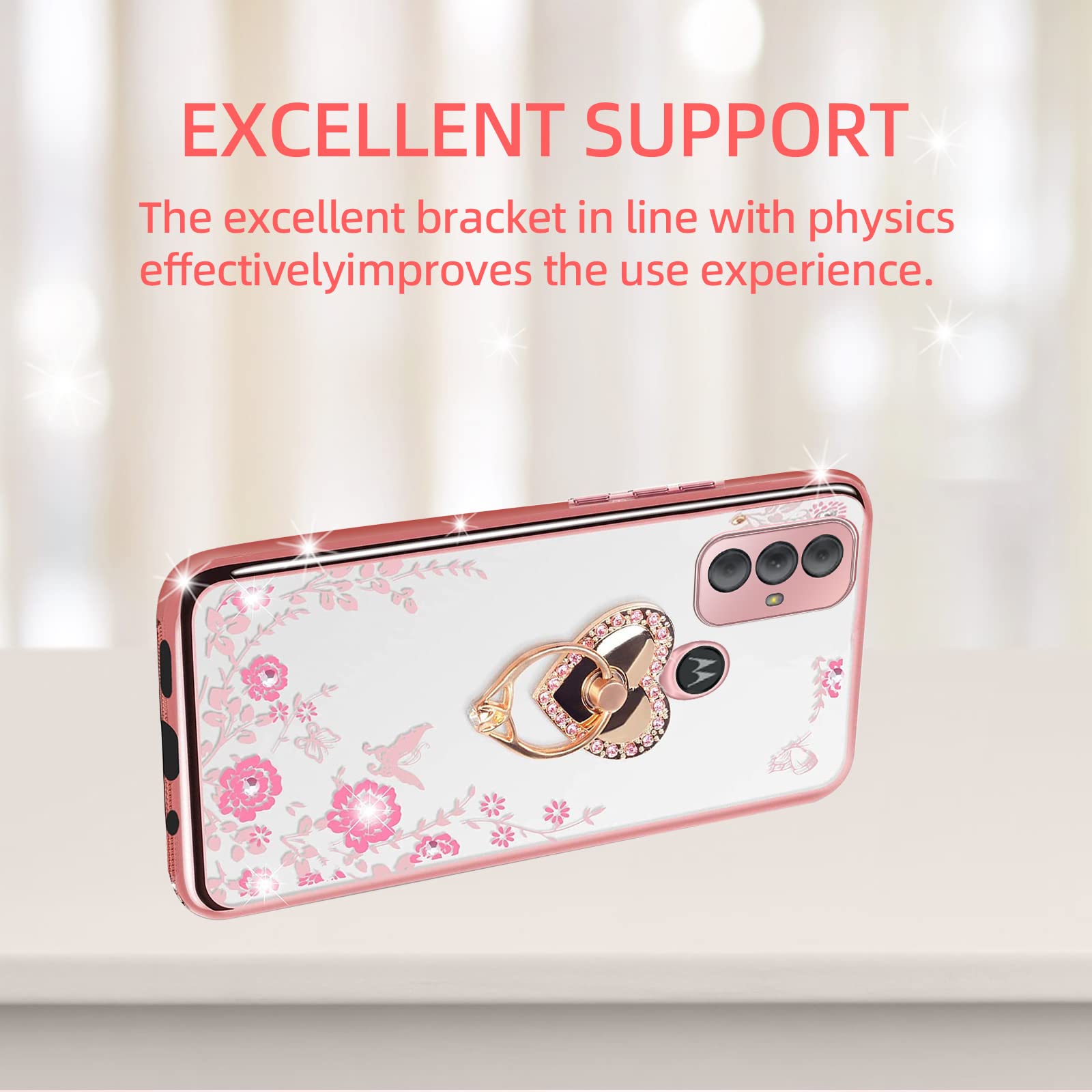 Custodia KuDiNi Con Strass Per Moto G Pure / G Power 2022 – Glitter Farfalla E Cuore Con Anello Porta E Cinghia - 2