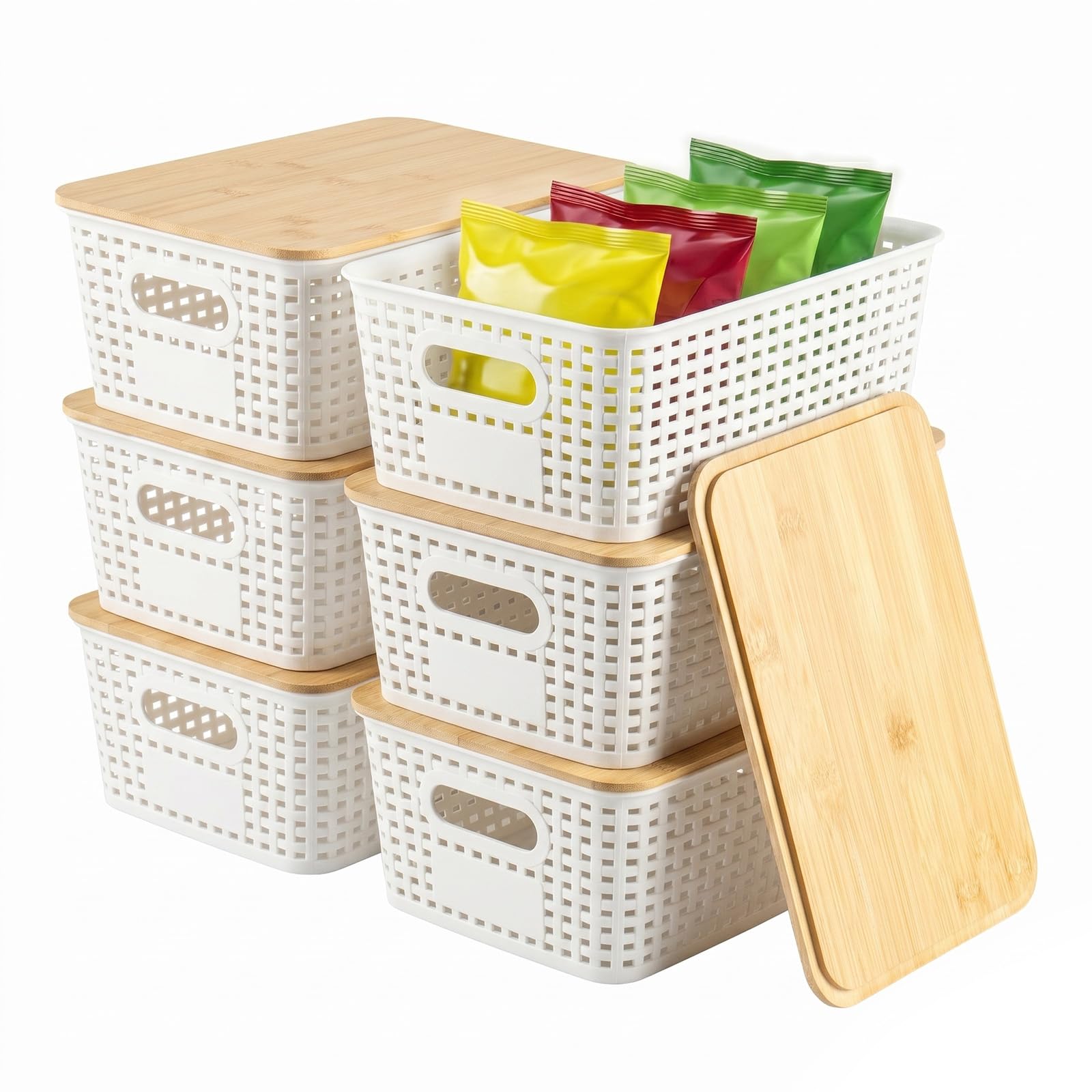 Sunnynest White 6 Pack Storage Boxes With Lids, Stackable Plastic Storage Baskets With Bamboo Lid, Kitchen Storage & Organisation Bins For Pantry, Shelves, Drawers, Closet & Office (White)
