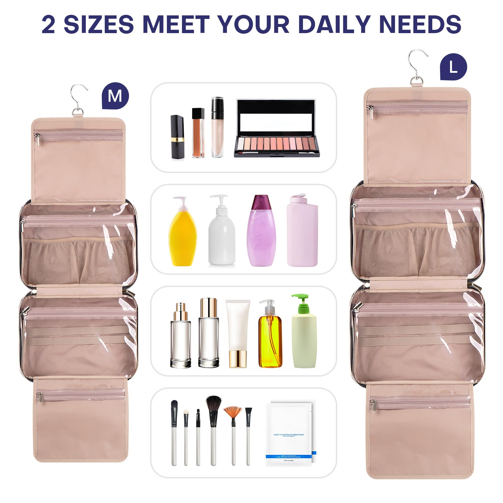 Neceser de viaje para mujer, portátil, impermeable, a prueba de fugas, organizador de maquillaje con gancho para colgar, gran capacidad, gris, azul , L