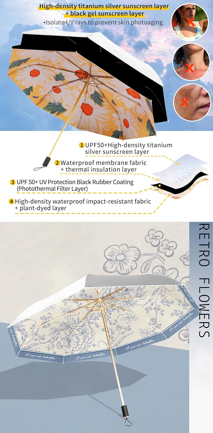 UPF50+ double-layer umbrella cloth uv umbrellas for sun protection, Dense Titanium silver refractive layer+black glue filter layer, fashionable oil painting printing, bold umbrella frame windproof