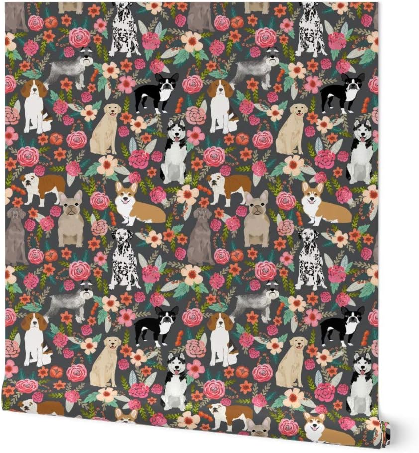 Peel & Stick Wallpaper 3ft x 2ft - Dogs Florals Pets Flowers Gray Pet Floral Portrait Custom Removable Wallpaper by Spoonflower