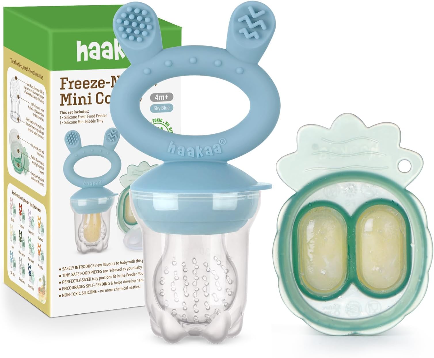 Haakaa Baby Fruit Food Feeder & Mini Freezer Nibble Tray Combo, Breastmilk Popsicle Molds for Baby Cooling Relief, BPA Free Silicone Feeder for Safe Infant Self Feeding, 4 Month+ (Sky Blue)
