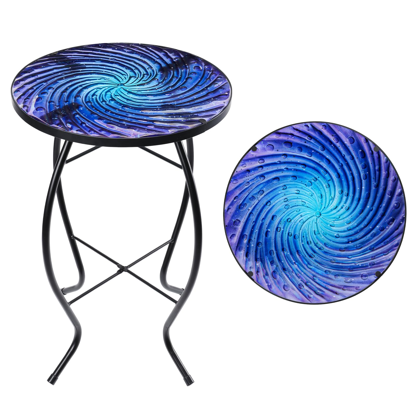 MUMTOP Outdoor End Tables for Patio, Deep Sea Round Side Table, Glass Accent Table for Outside, Garden, Balcony, Porch, Indoor Home Decor