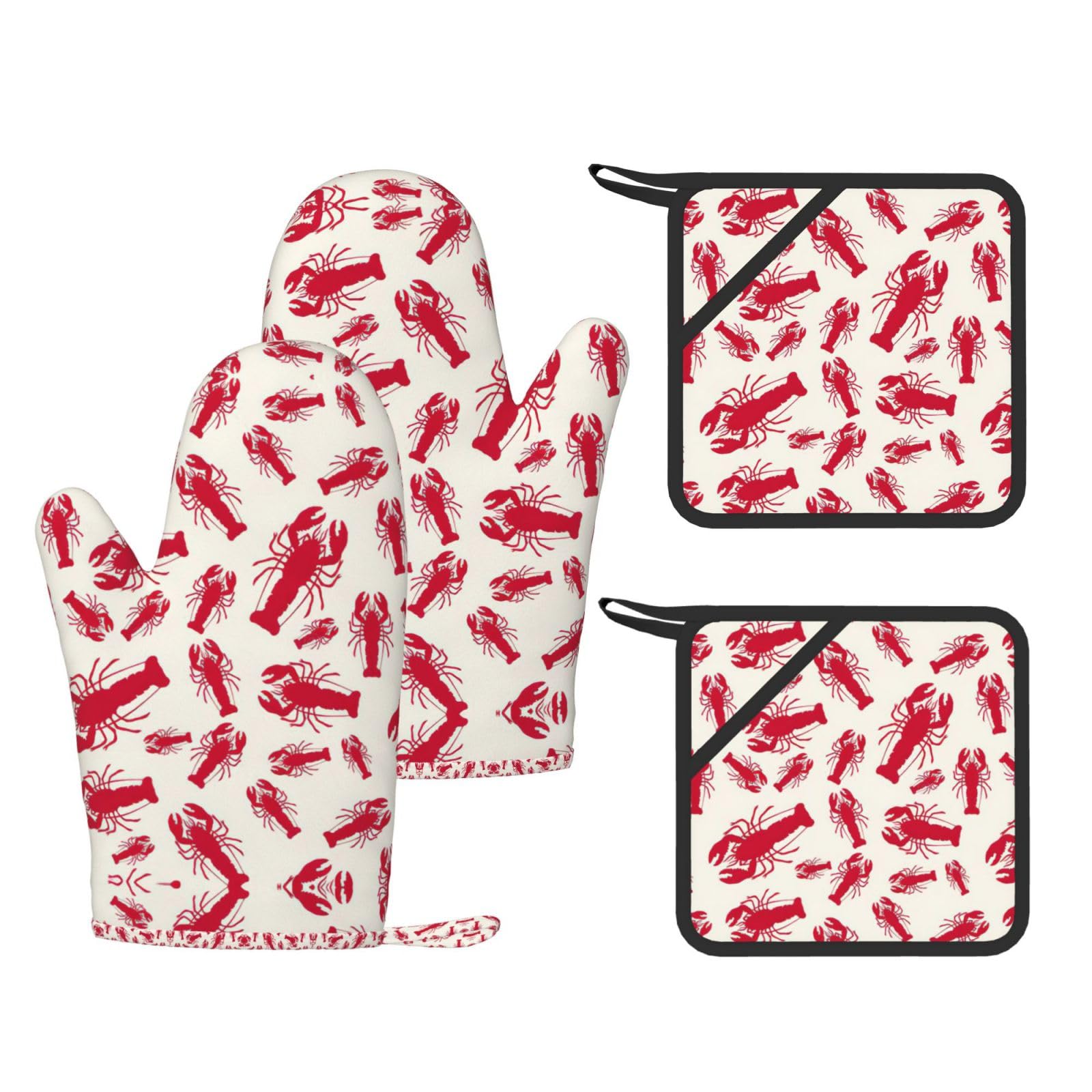 Red Lobster Printed Cooking Mitts and Pot Holders 4 Pcs, Heat Resistant Oven Gloves with Hanging Loop Chef