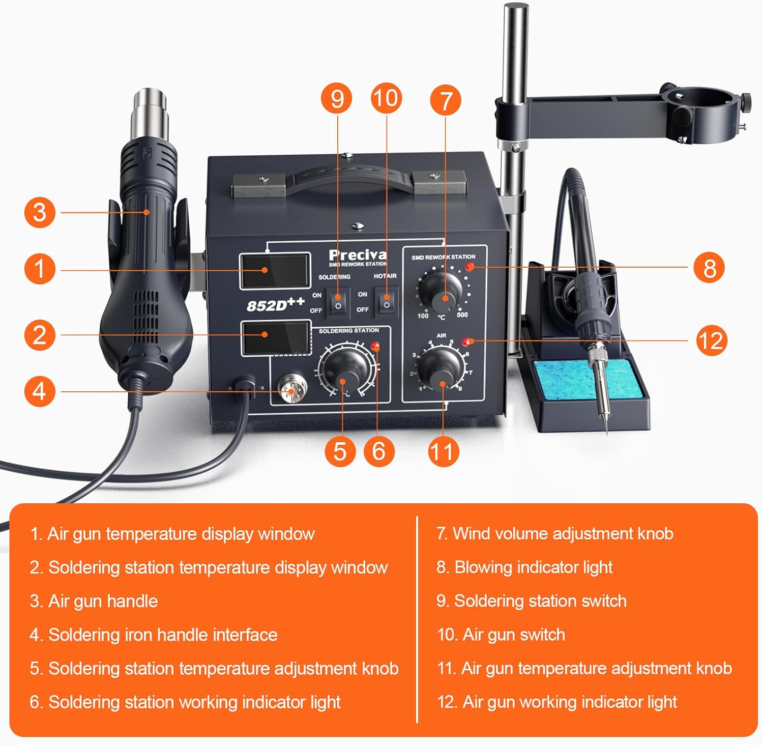 Preciva 852D++ 2-IN-1 Hot Air Rework Soldering Iron Station Kit, Adjustable Hot Air Gun Holder for Electronics Repairing Desoldering Welding, Auto Sleep & Calibration