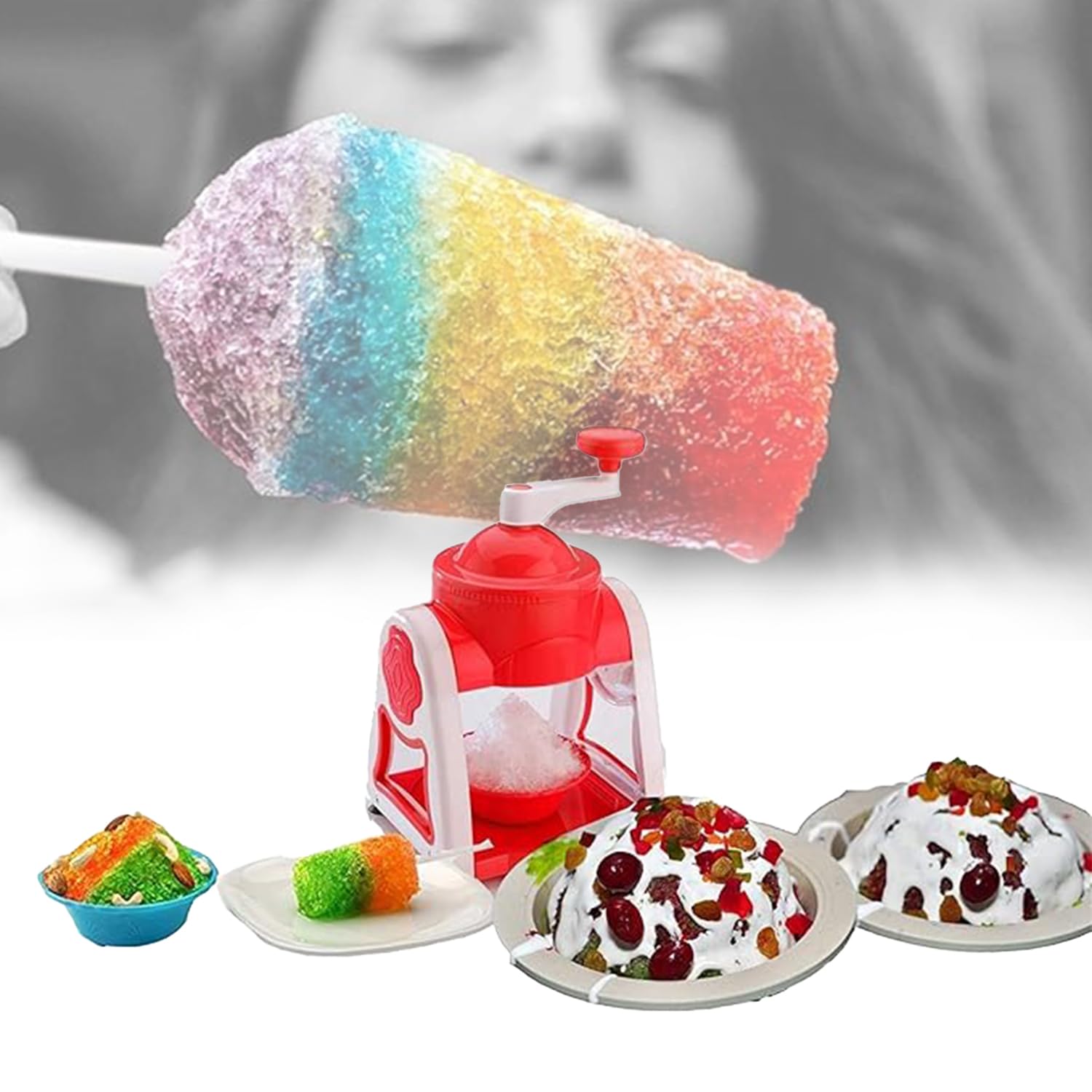 FOLADEX Ice Gola Maker Machine Manual ice Gola Slush Maker Machine with Sharp Blades Ice Crusher Snow Grinder Crusher 3 Bowl Baraf ka gola banane wali machine 1 Glass, 6 Sticks and 1 Dish