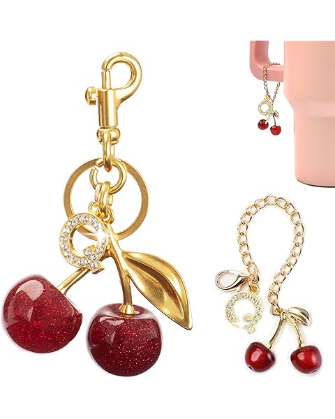2PC Cherry Keychain Bag Purse Handbag Charms Initial Letter Keychain for Women Girl Cute Key Chain Bling Sparkly