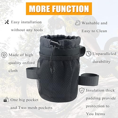 Miniatura 6 de Paquete de 2 portavasos para bicicleta, manillar de bicicleta, soporte para botella de agua con malla Oxford, bolsillo para teléfono para bicicletas