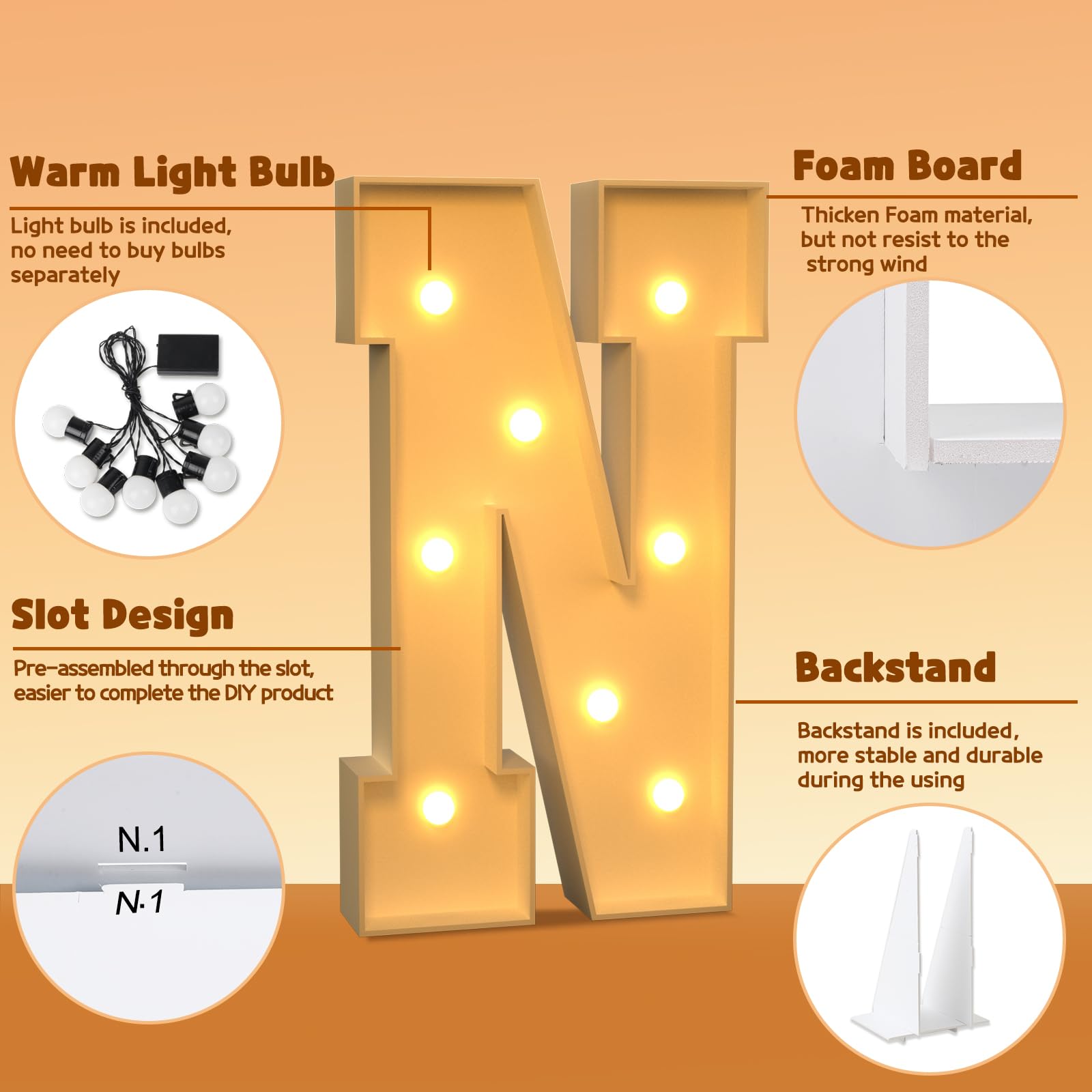 imprsv 3FT Block Marquee Letters, Marquee Light Up Letters for Birthday Baby Shower Party Backdrop Decor, Large Light Up Letters for Wedding Decorations Engagement Party Decorations, Letter N