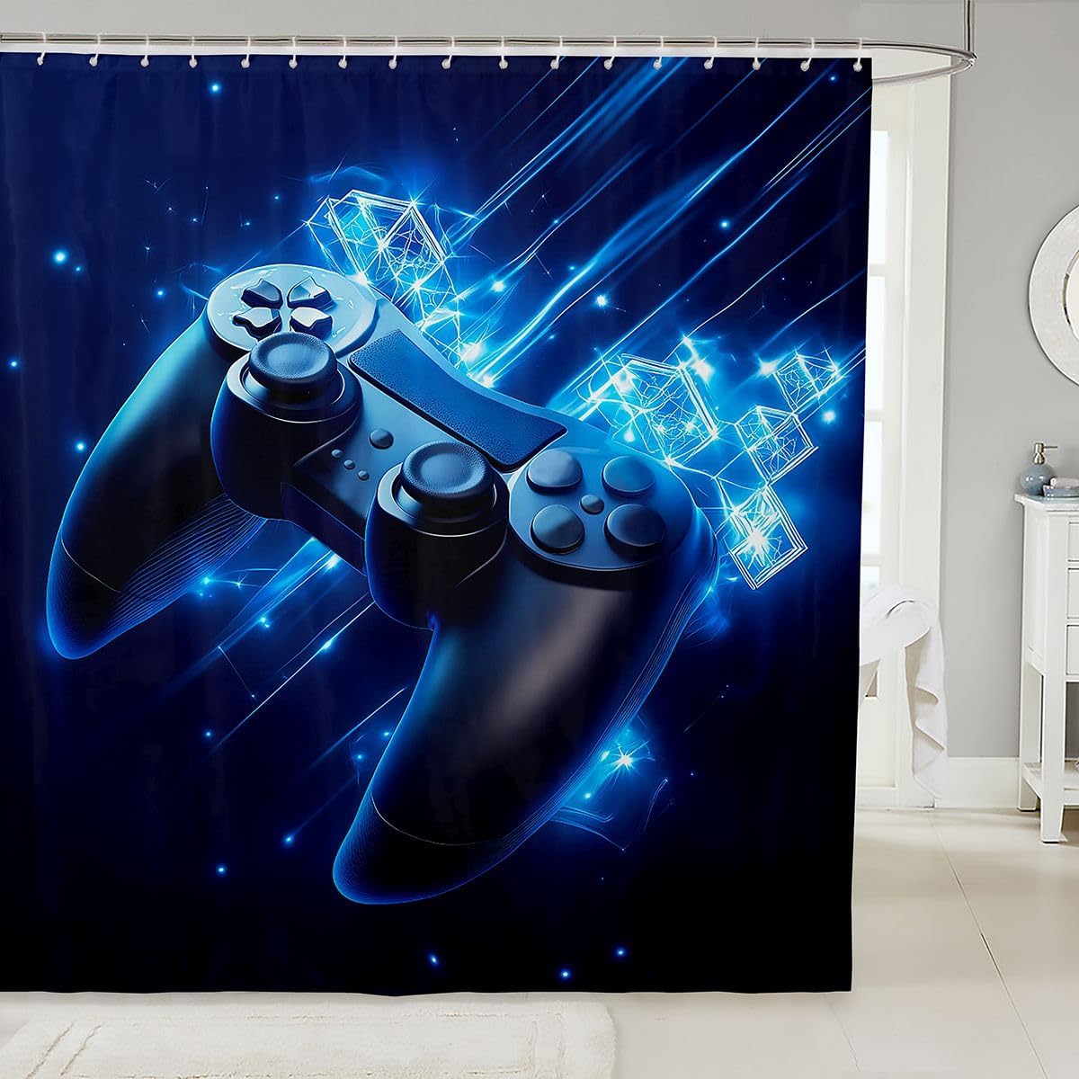 Teens Game Shower Curtain, Kids Video Games Bathtub Shower Curtain, Gamepad Gaming Shower Stall Curtain For Boys Girls, Joystick Player Novelty Gamer Bathroom Sets Accessories, Blue 72" W x 72" L
