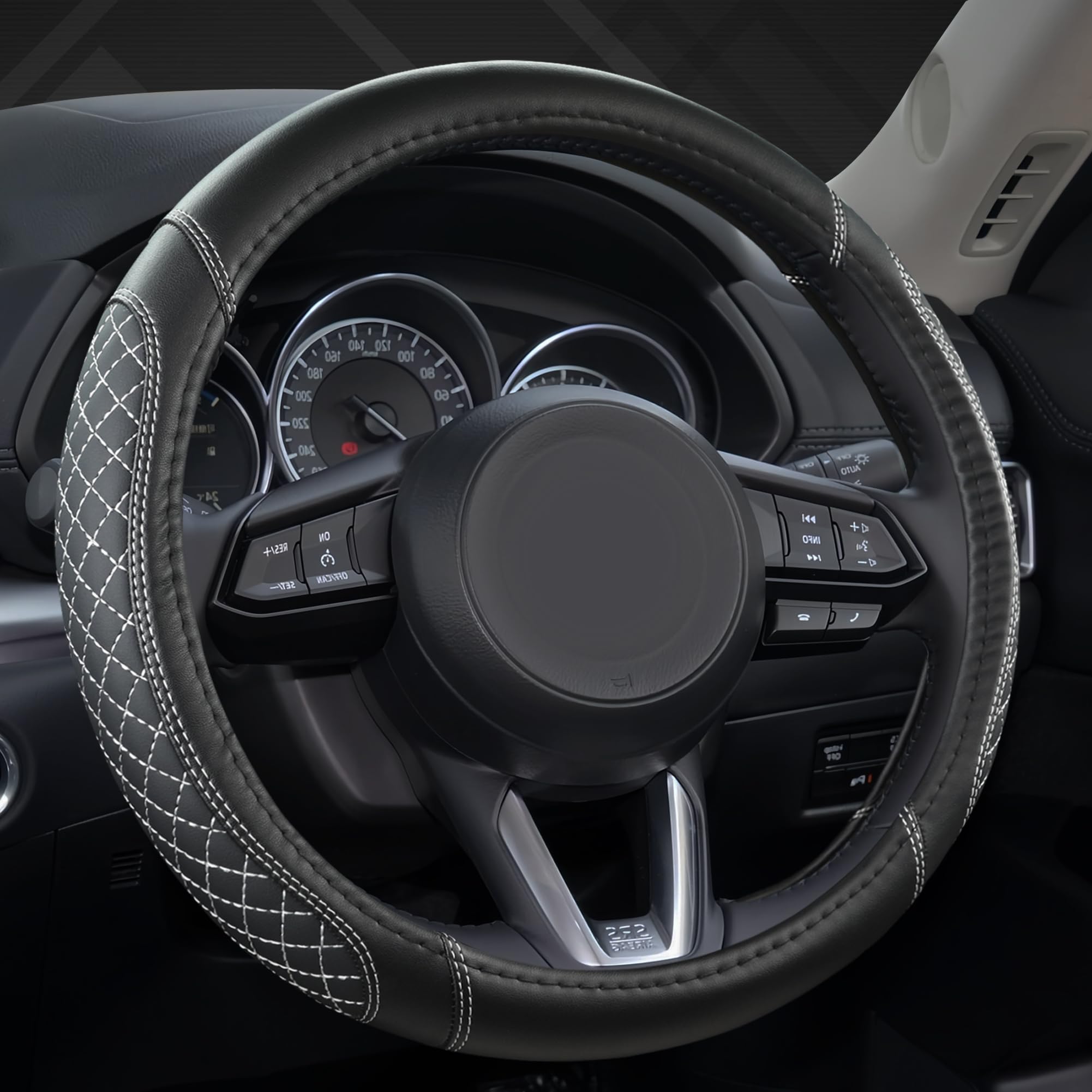 West Llama Microfiber Leather Car Steering Wheel Cover Universal Fit 15-15.5 inch SUV,Sedan,Car,Trucks(Black+Gray Line-M-Large Size)