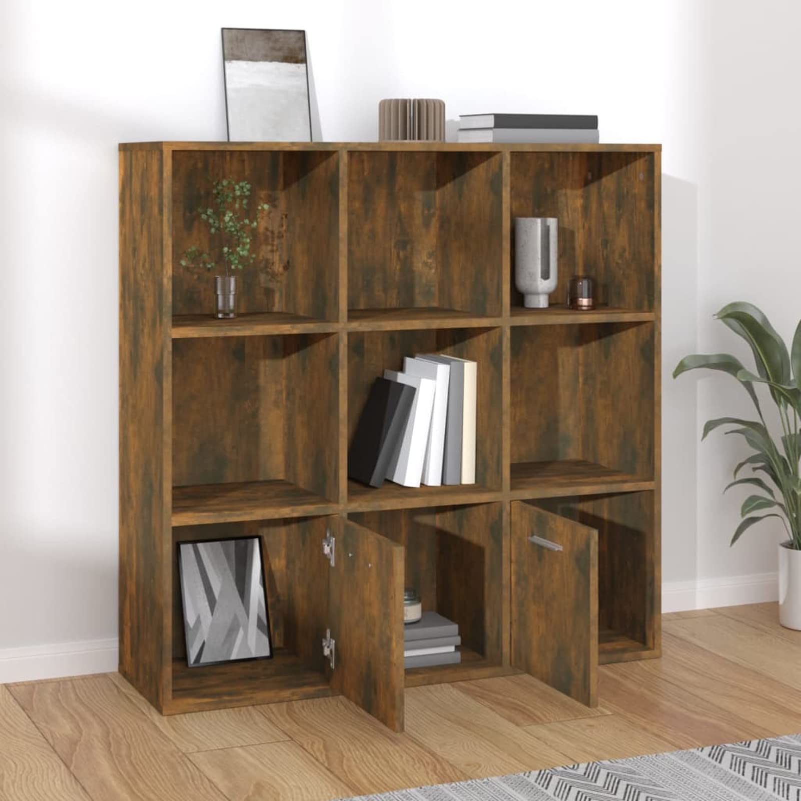 Tidyard Libreria da parete, divisorio per CD, DVD, divisorio con 7 cubi aperti, 2 porte, materiale in legno, legno di incenso, 98 x 30 x 98 cm