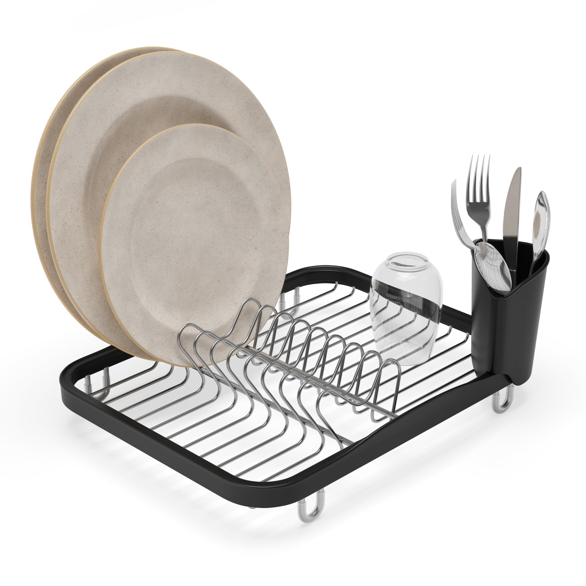 Umbra Sinkin Dish Drying Rack – Dish Drainer Kitchen Sink Caddy with Removable Cutlery Holder, Fits In Sink or on Countertop, Black/Nickel