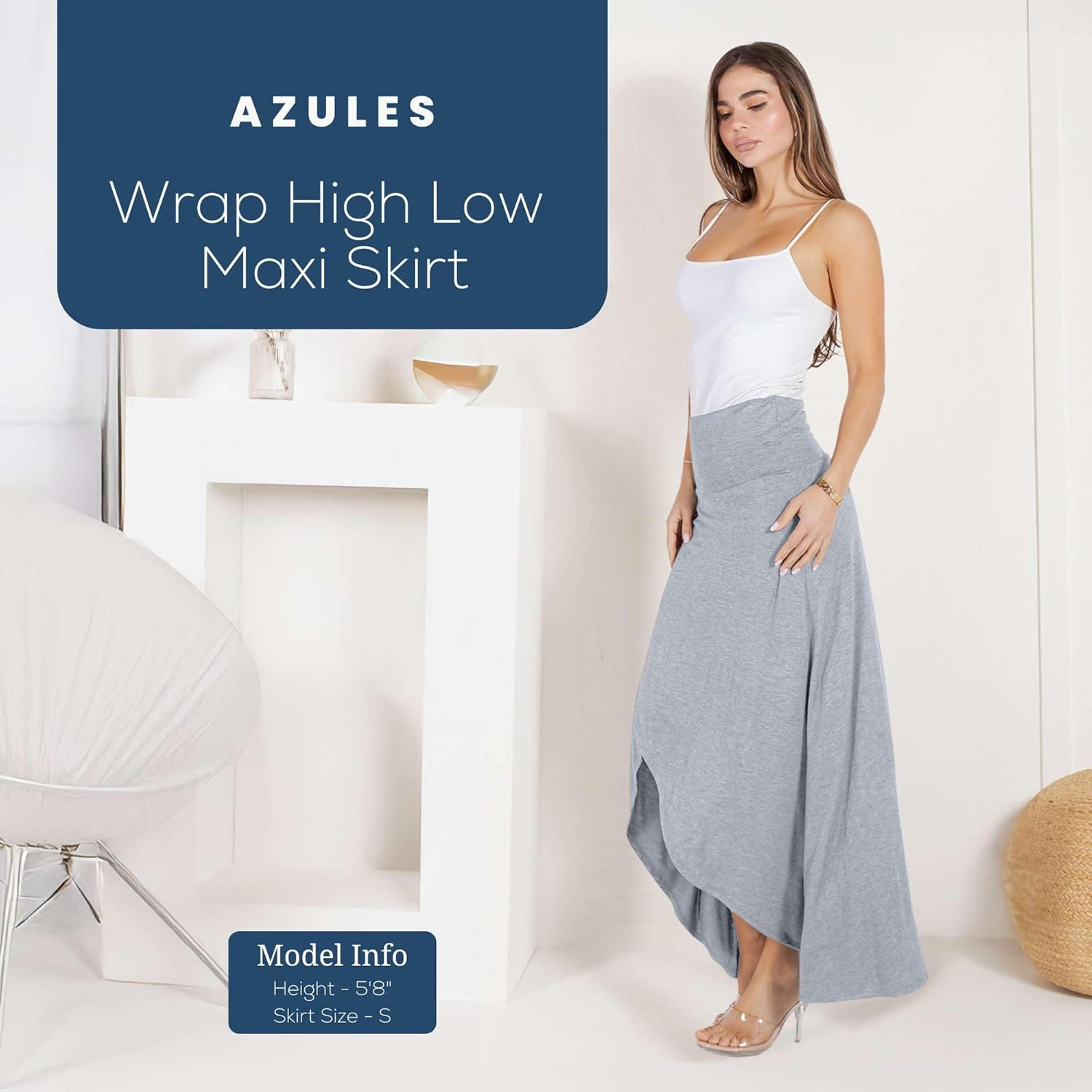 Azules High-Low Hem Maxi Skirts for Women - Flowy, Wrap Front Slit, Summer Foldover Skirt - High Waisted Long Skirt for Women