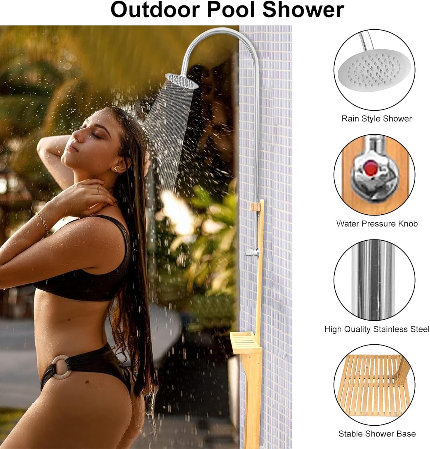 Outdoor Shower, Solid Wood Outdoor Shower and Steel Construction Height-Adjustable Shower Head, Connect Easily to Any Hose, Easy to Assemble Outdoor Shower Kit for Garden, Backyard, Pool