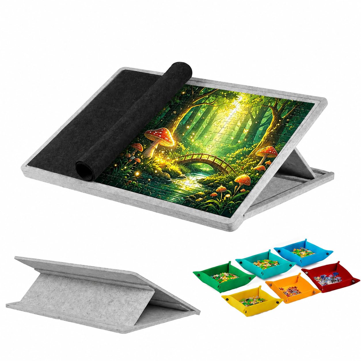 Jigsaw Puzzle Board 3 Angle Adjustable Felt Puzzle Board for 1000 Pieces, with 6 Sorting Trays - Light Gray