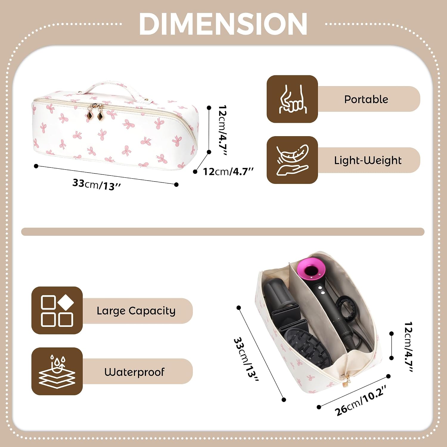 Travel Storage Bag for Dyson Airwrap & Shark Flexstyle, Portable Handheld Travel Case, Double Compartments Organizer with Large Opening, Waterproof Hair Dryer Carrying Case (Pink Bow)