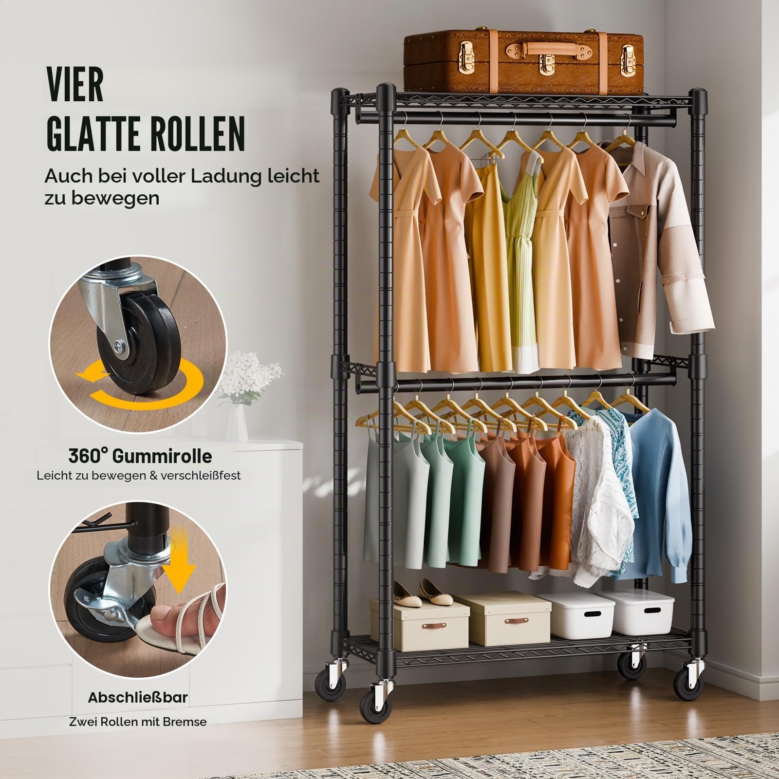 VEVOR Rollbarer Kleiderständer Garderobenständer 1 Kleiderstange, 2-lagig, 136 kg Belastbar Strapazierfähiger Rollbarer Kleiderständer für Schlafzimmer, Wäscheraum, Ankleidezimmer, Eingang usw.
