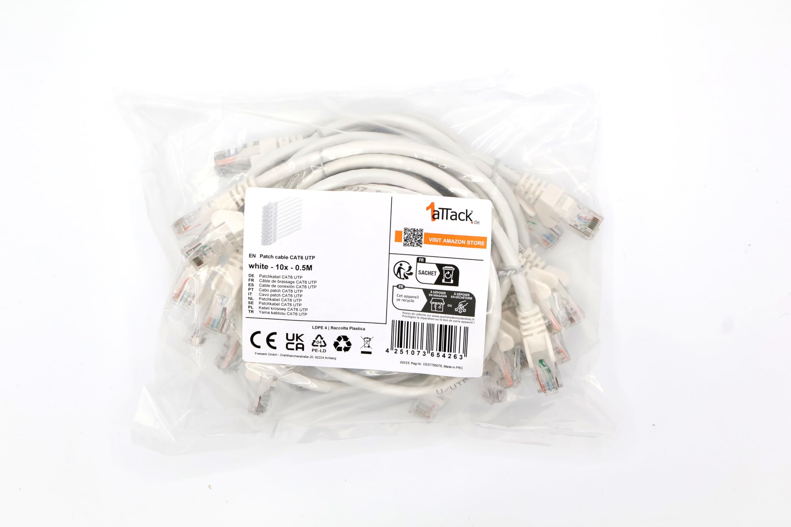 1aTTack.de 0,5m Cavo di Rete bianco - 10x - Cat.6 Ethernet Gigabit Lan RJ45 10 100 1000 Mbit s - Cavo Patch UTP compatibile con Cat.5 Cat.5e Cat.7 Cat.8 - bianco - 10x - 0,5m