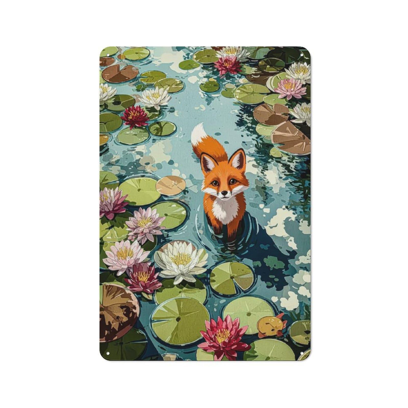 Garage Style Decorative Metal Plaque 30x20cm Featuring Fox in Lily Pond Illustration, Garage Wall Decor for Garage, Workshop, Shed Or Utility Room