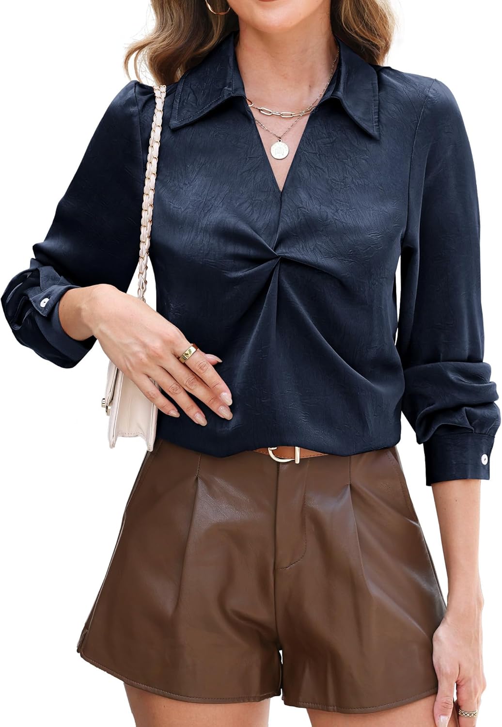 Long Sleeve Satin Blouses Shirts for Women Dressy Casual- Womens V-Neck Collared Business Work Outfits Top Fall Fashion - Image 3