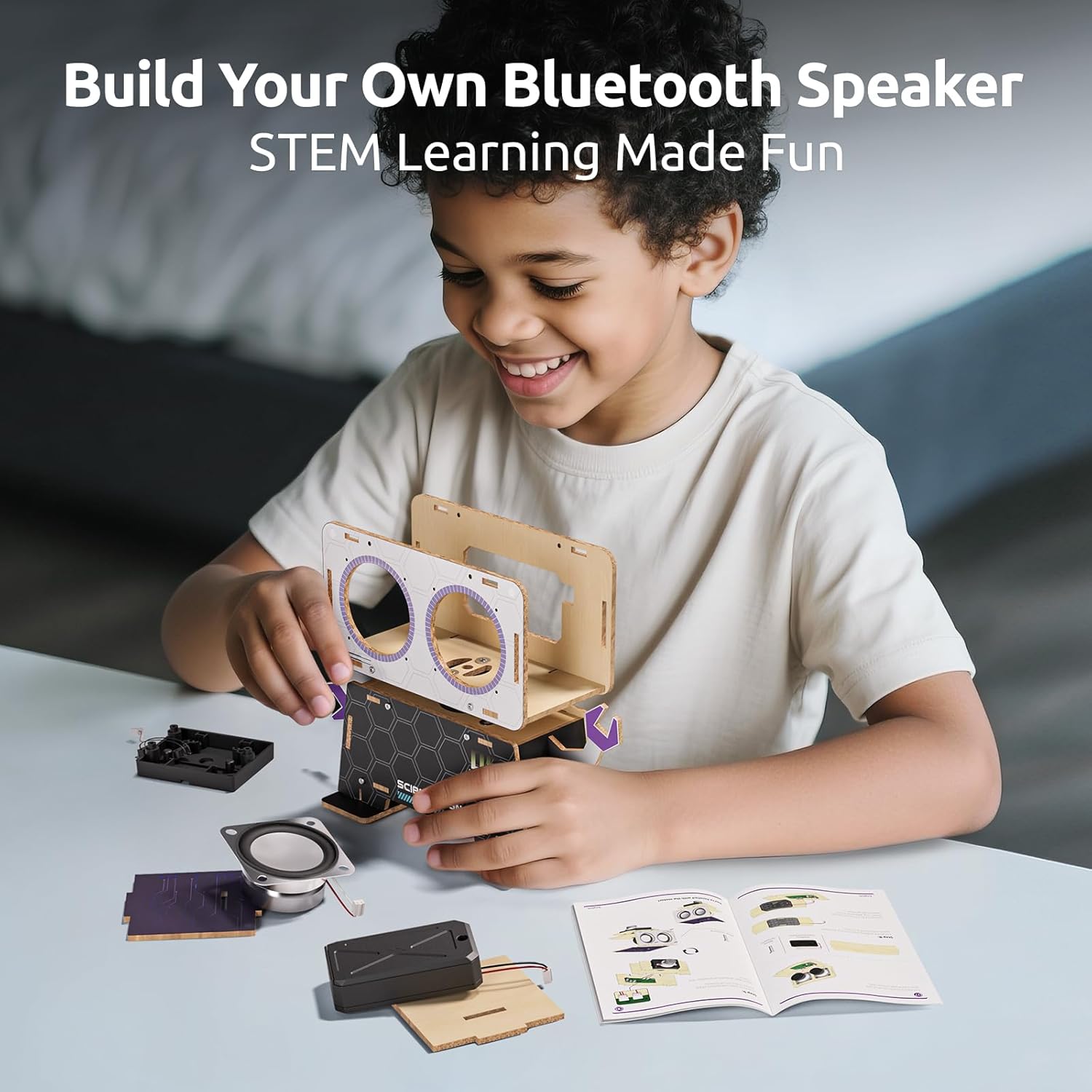 Science Can STEM Toys for Ages 8-13, DIY Bluetooth Speaker Kit with Rotating Head Robot, Electronic Stem Kits with Wooden Puzzles, Educational Building Toy, Birthday Gift for Boys & Girls