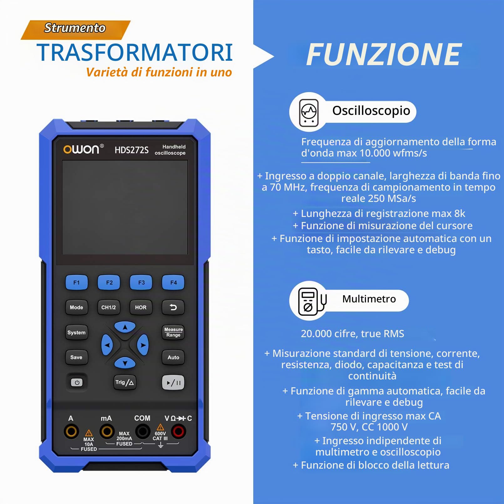 OWON HDS272s Oscilloscopio palmare, multimetro digitale da 20000 conteggi, 2CH digitale 3-in-1 tester universale, 1CH generatore di 70 MHz di larghezza di banda USB con display LCD a da 3,5 pollici