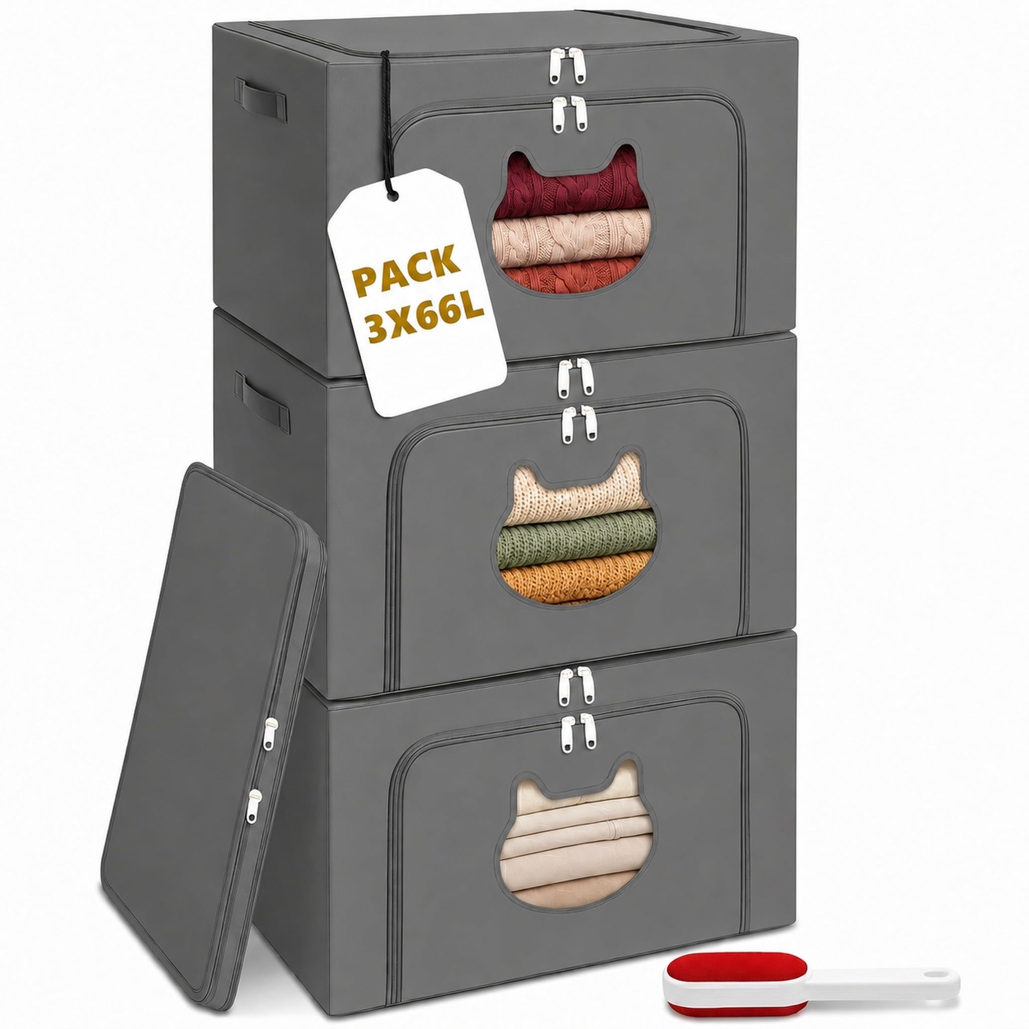 Boîtes de rangement chat gris panier tissu pliable lot de 3