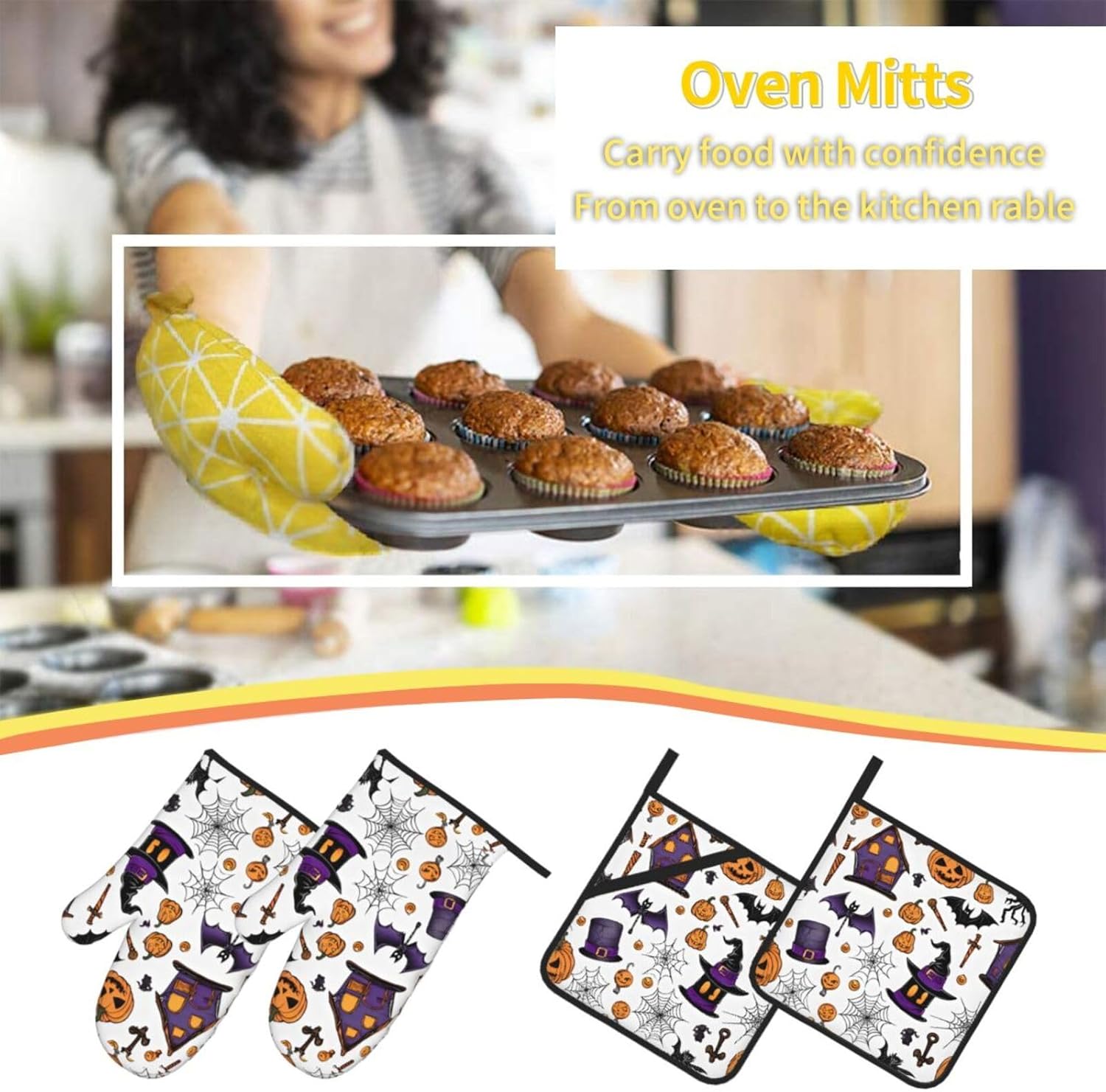(Magic Witch Witchcraft Bohemian Drawing) Baking 4-Piece Set: 2 Oven Mitts and 2 Pot Holders Heat Resistant Waterproof Hanging Loop for Kitchen Oven Grill Housewarming Gifts
