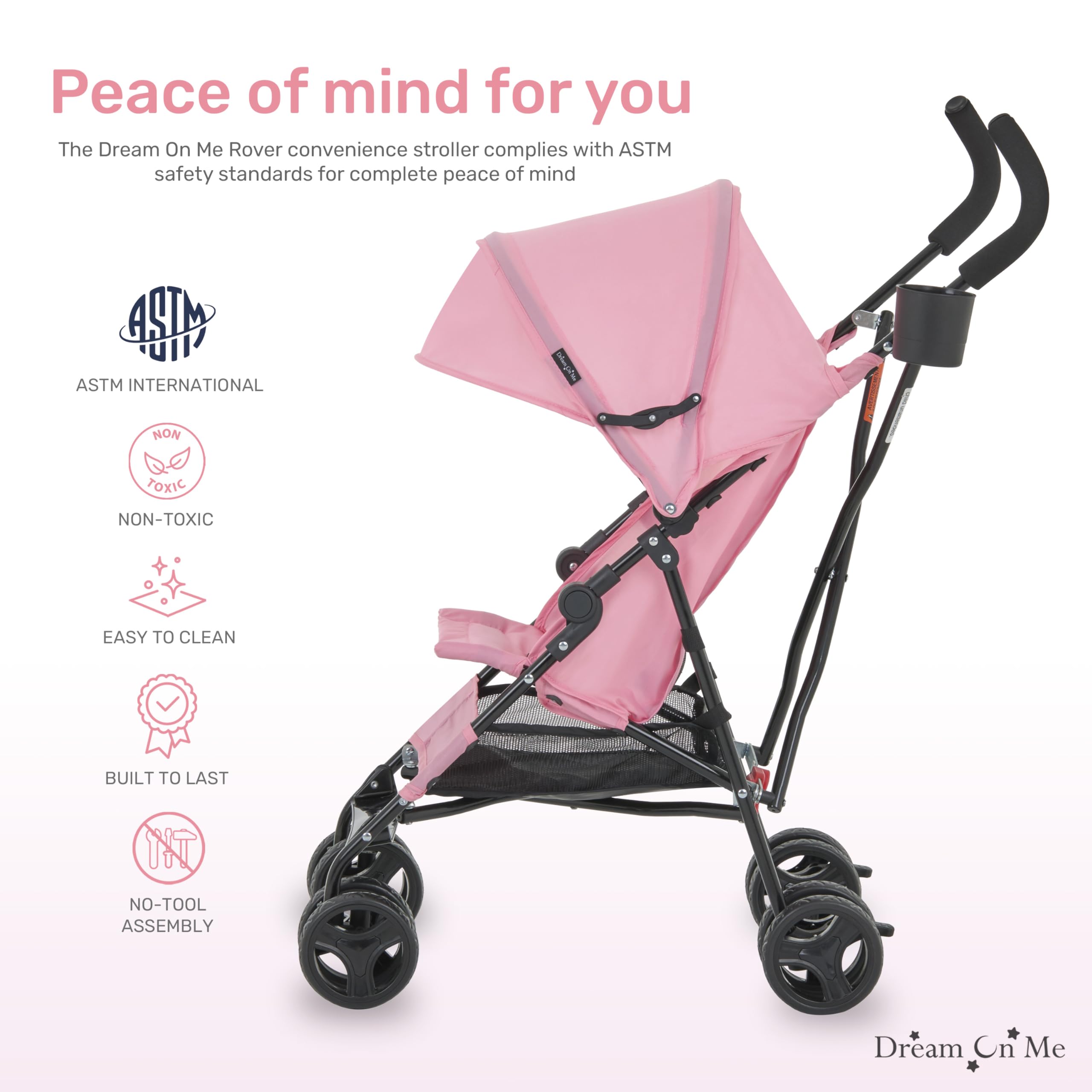 Dream On Me Rover Convenience Baby Stroller – Lightweight & Compact Travel Umbrella Stroller, Quick One-Hand Fold, Lockable Rear Wheels, Adjustable Canopy, 3-Point Safety Harness & Cup Holder