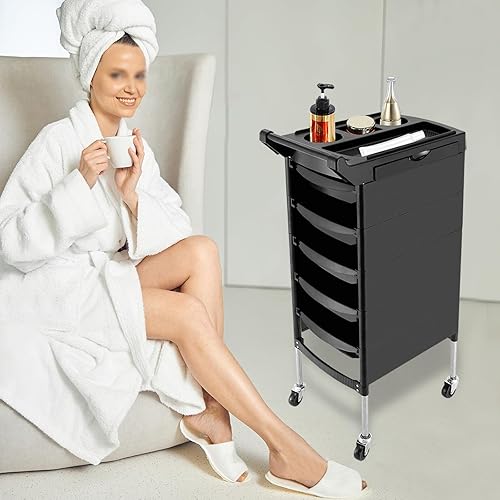 Miniatura 7 de Carrito profesional de salón, carrito de salón negro con asa y ruedas, 5 cajones y 2 soportes para secador de pelo, carrito de salón rodante, para