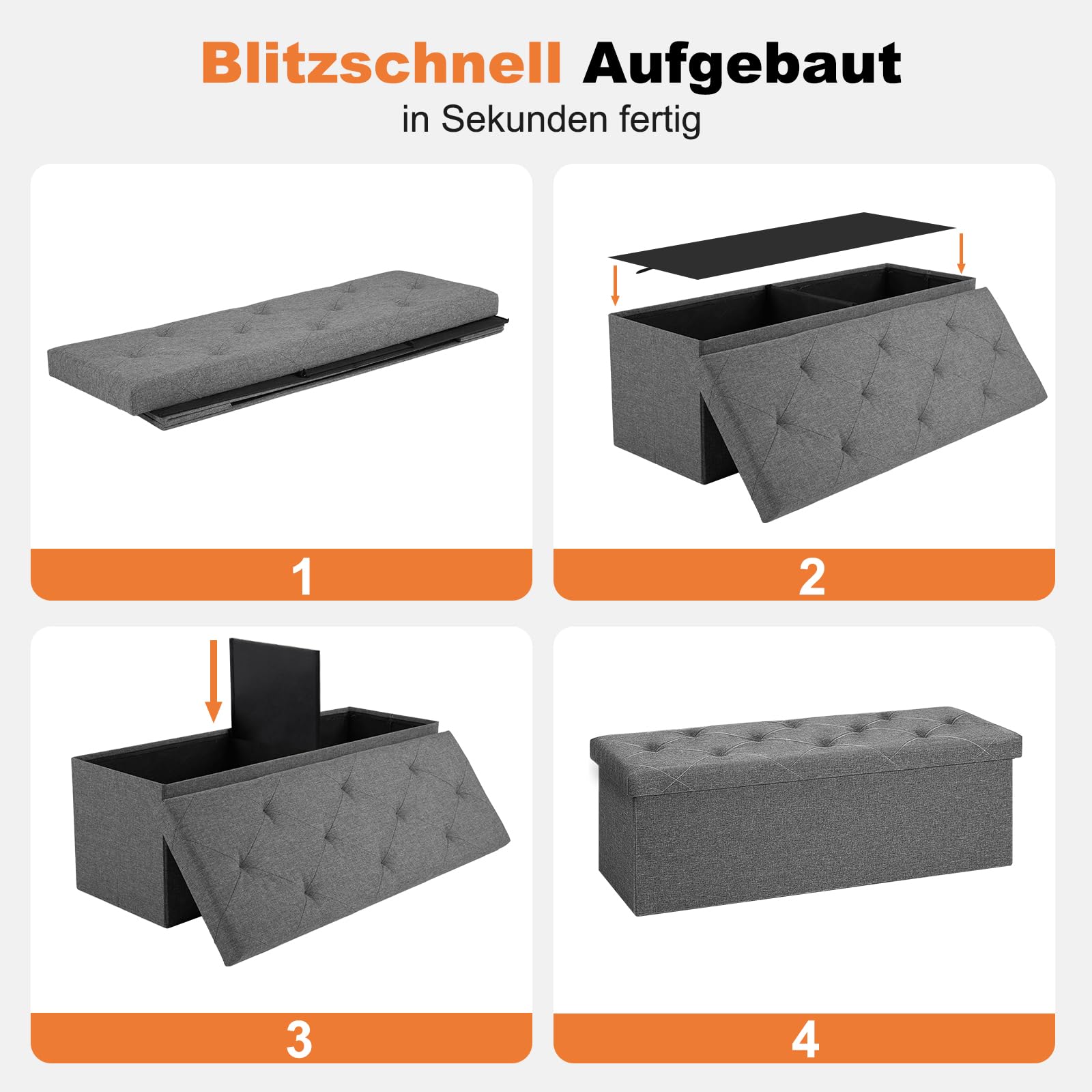 Sweetcrispy Sitzbank mit Stauraum, Klappbare Sitztruhe, Sitzhocker, 110 x 38 x 38 cm, Aufbewahrungsbox mit Deckel als Hocker & Fußbank, bis 300 kg belastbar, für Wohnzimmer Schlafzimmer Flur, Grau